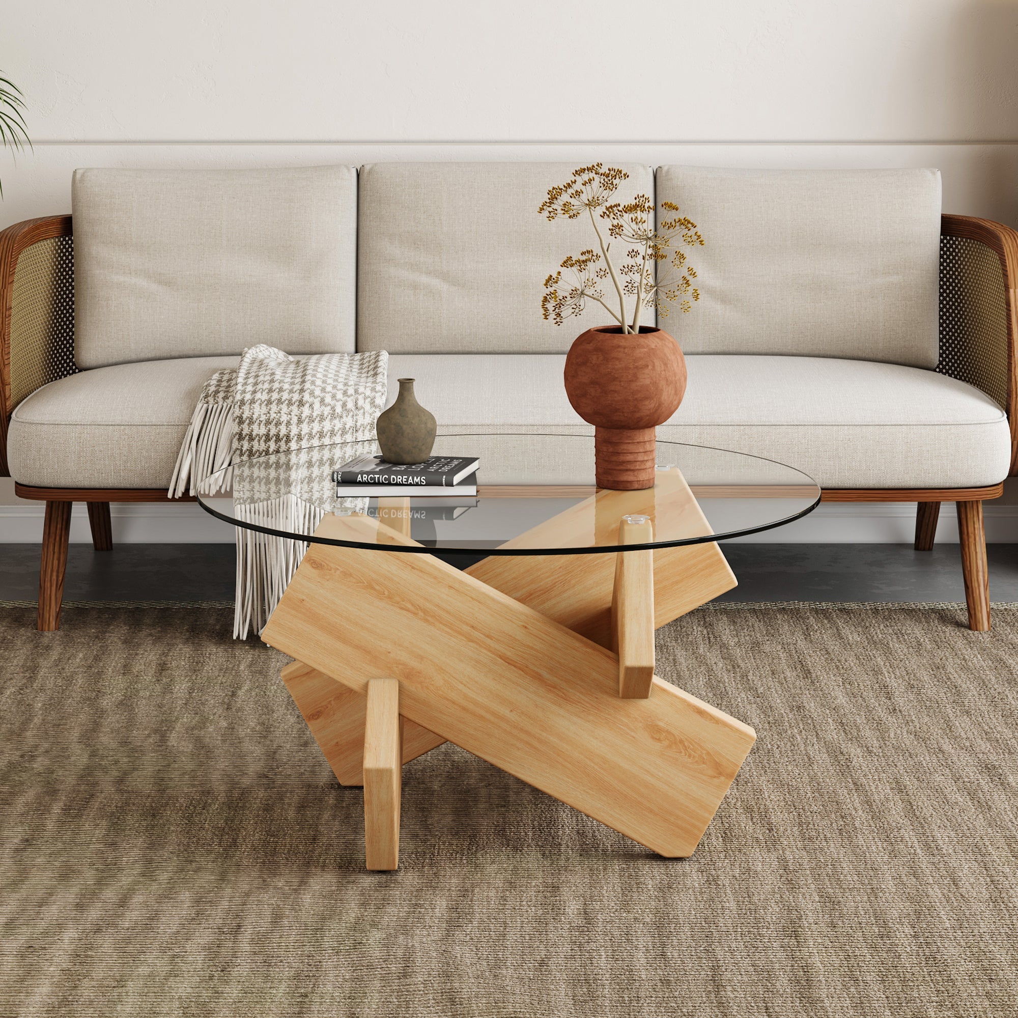 Modern Round Glass Coffee Table – 33.4" Tempered Glass Top with MDF