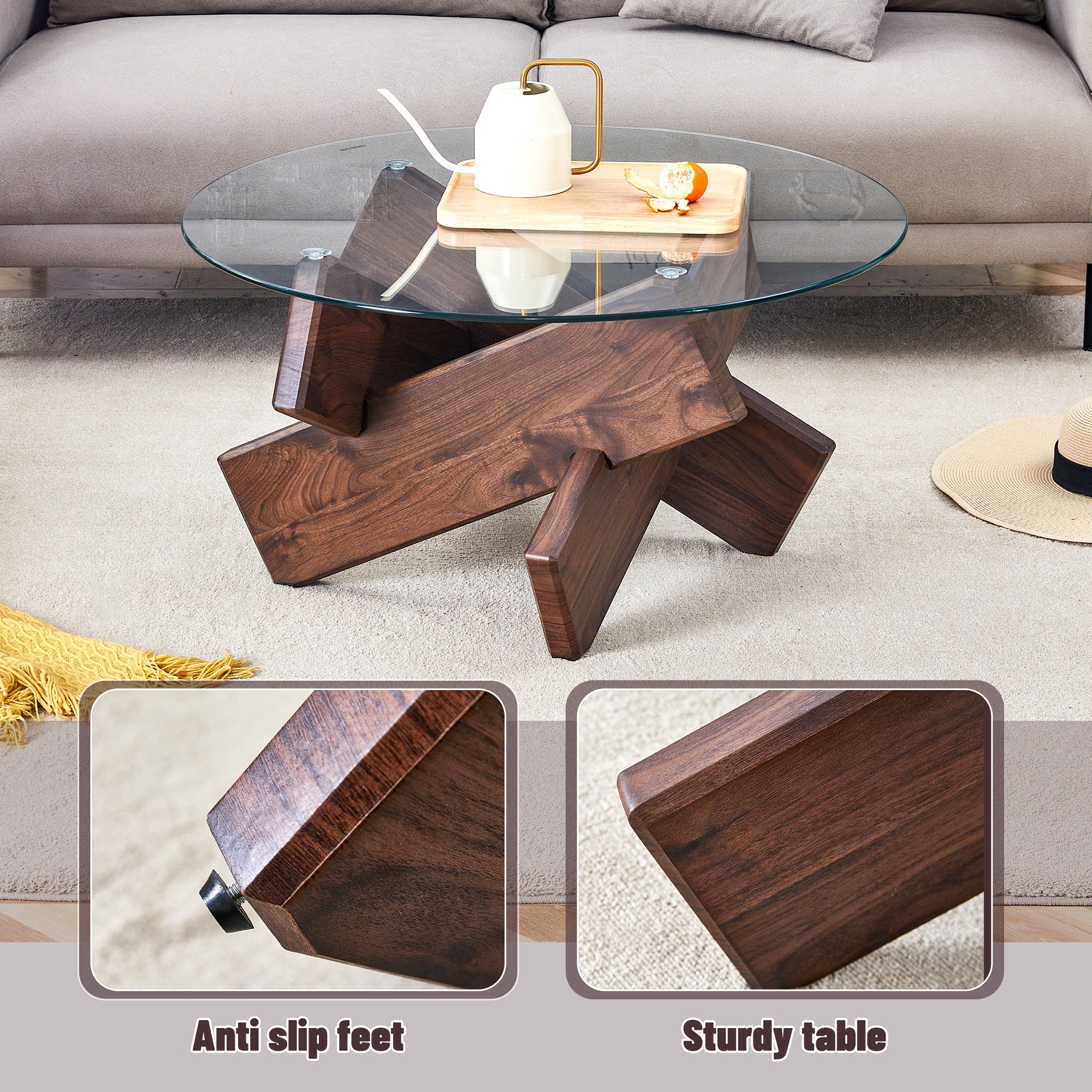 Modern Round Glass Coffee Table – 33.4" Tempered Glass Top with MDF