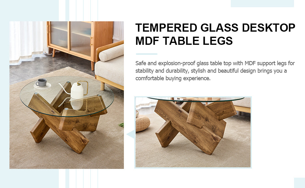 Modern Round Glass Coffee Table – 33.4" Tempered Glass Top with MDF