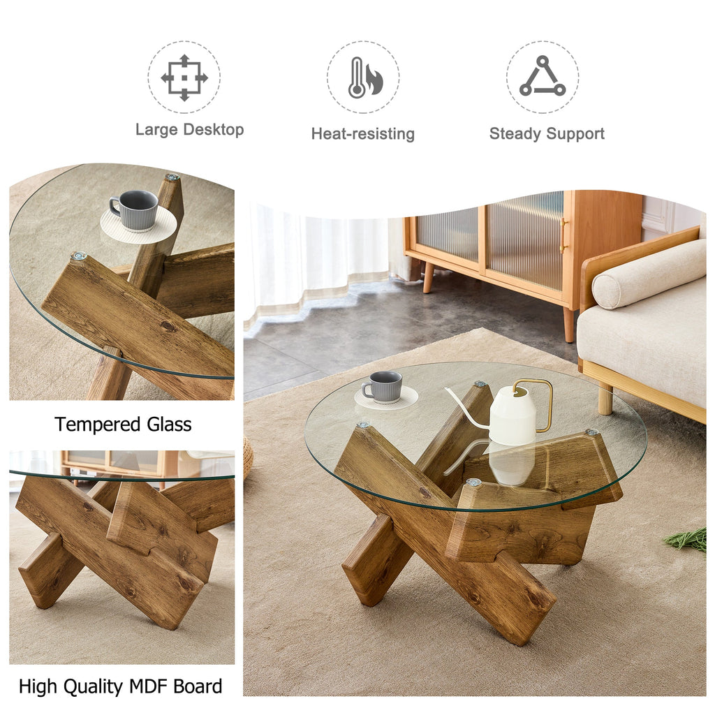 Modern Round Glass Coffee Table – 33.4" Tempered Glass Top with MDF