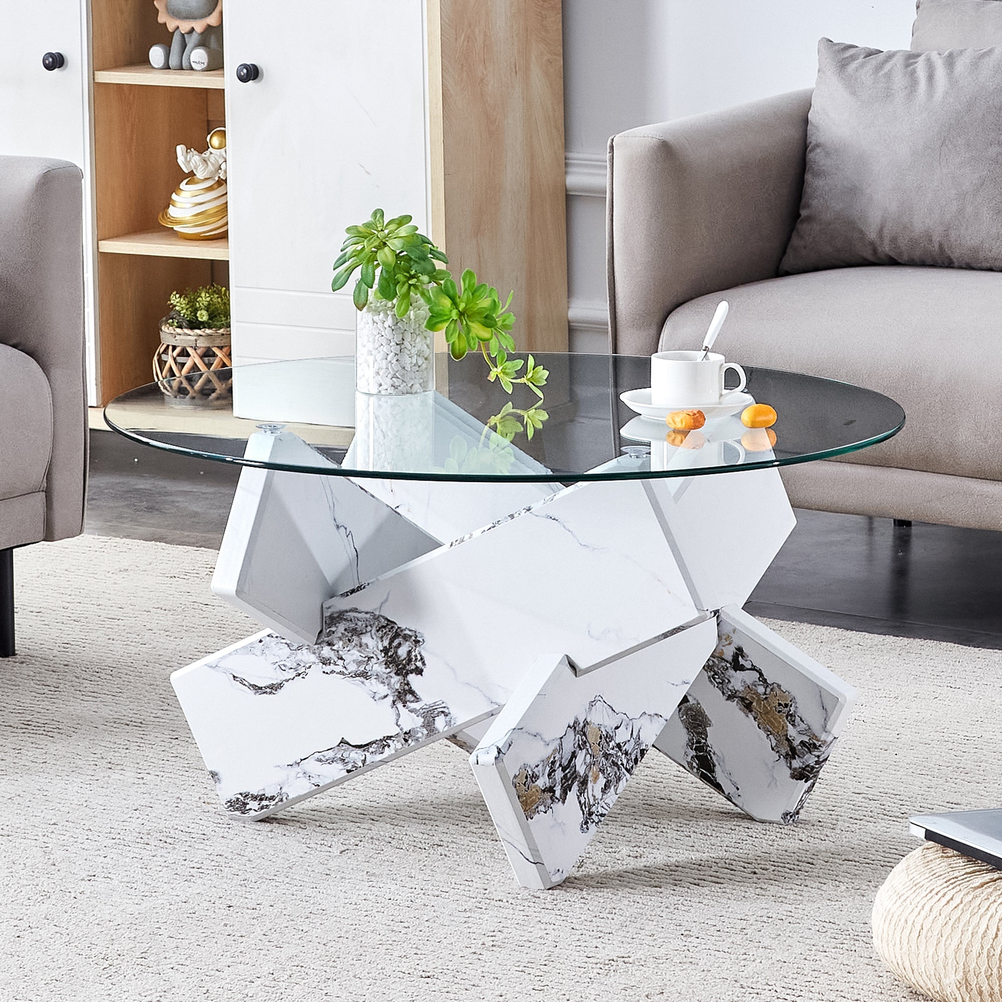 Modern Round Glass Coffee Table – 33.4" Tempered Glass Top with MDF