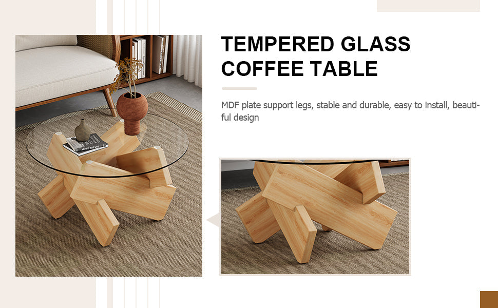 Modern Round Glass Coffee Table – 33.4" Tempered Glass Top with MDF