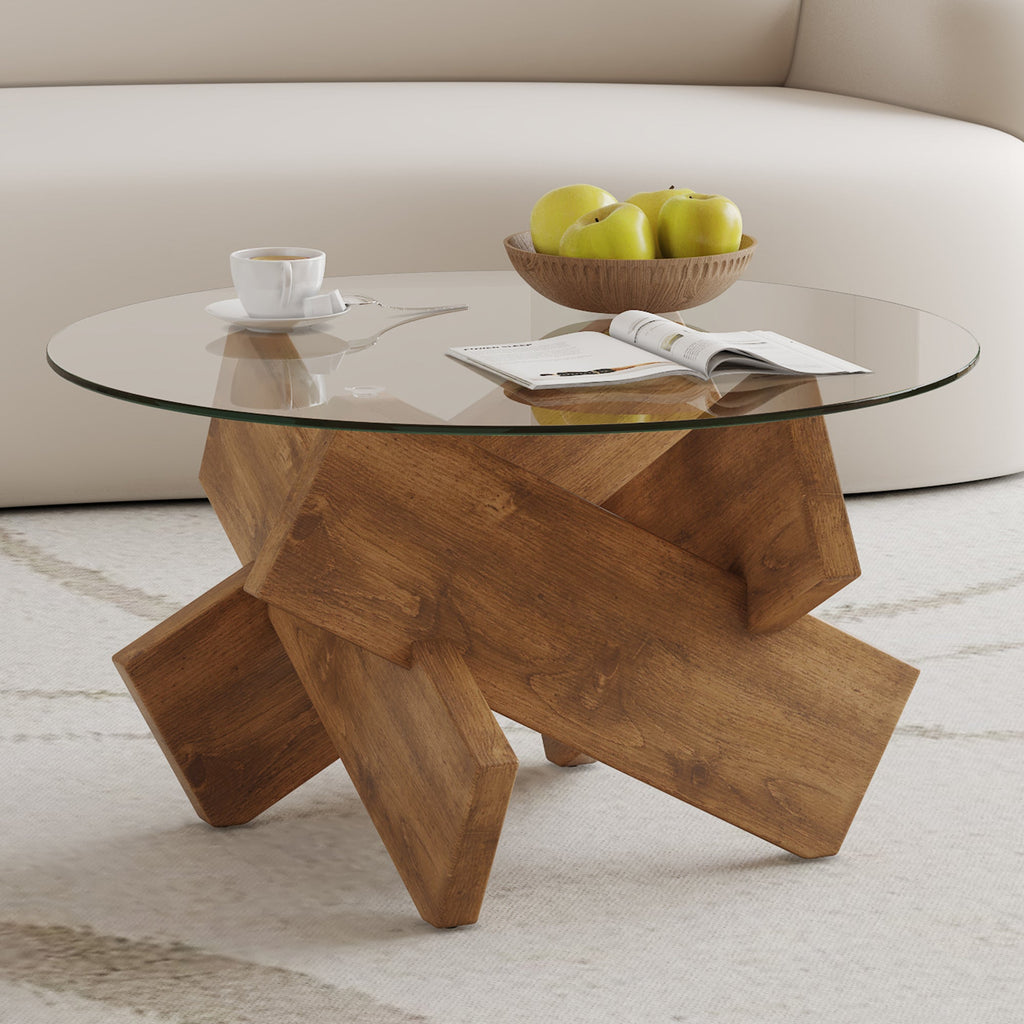 Modern Round Glass Coffee Table – 33.4" Tempered Glass Top with MDF