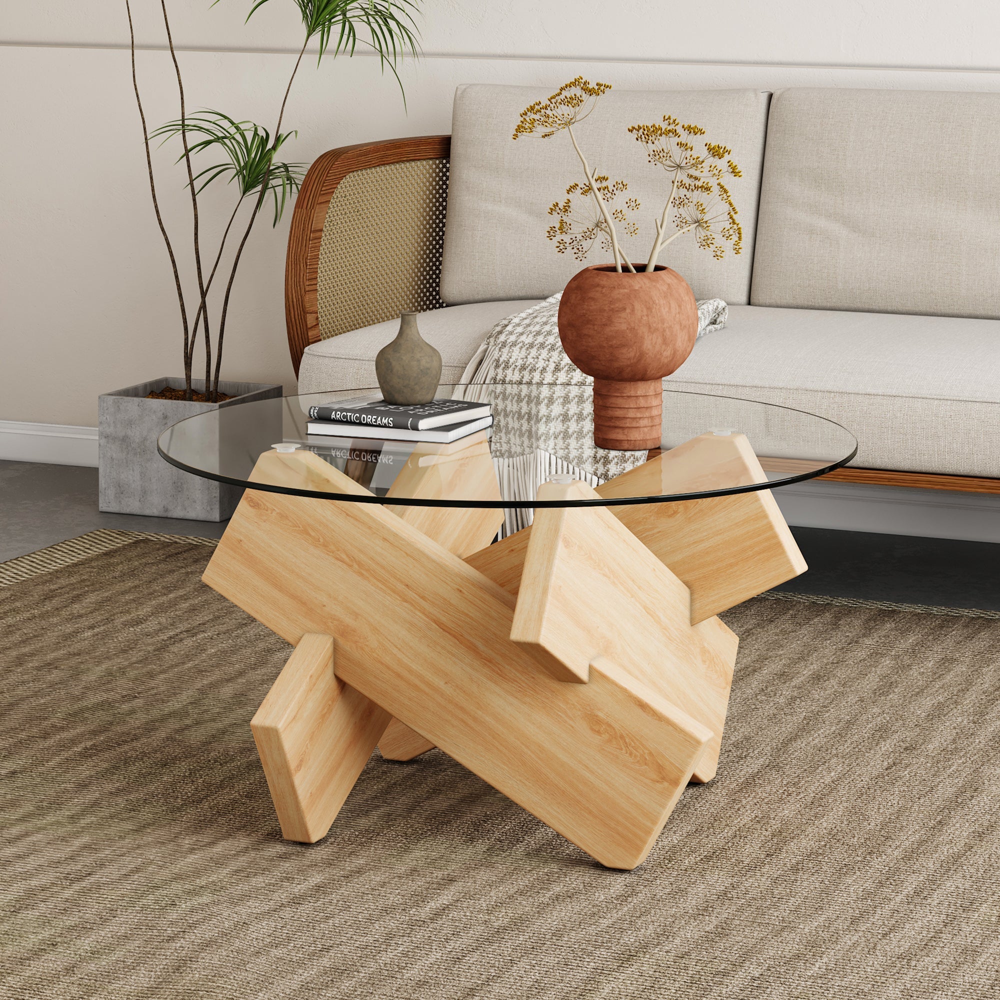 Modern Round Glass Coffee Table – 33.4" Tempered Glass Top with MDF