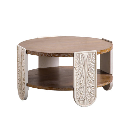 Carved Wooden Coffee Table, Retro End Table With Double-Layer Storage,