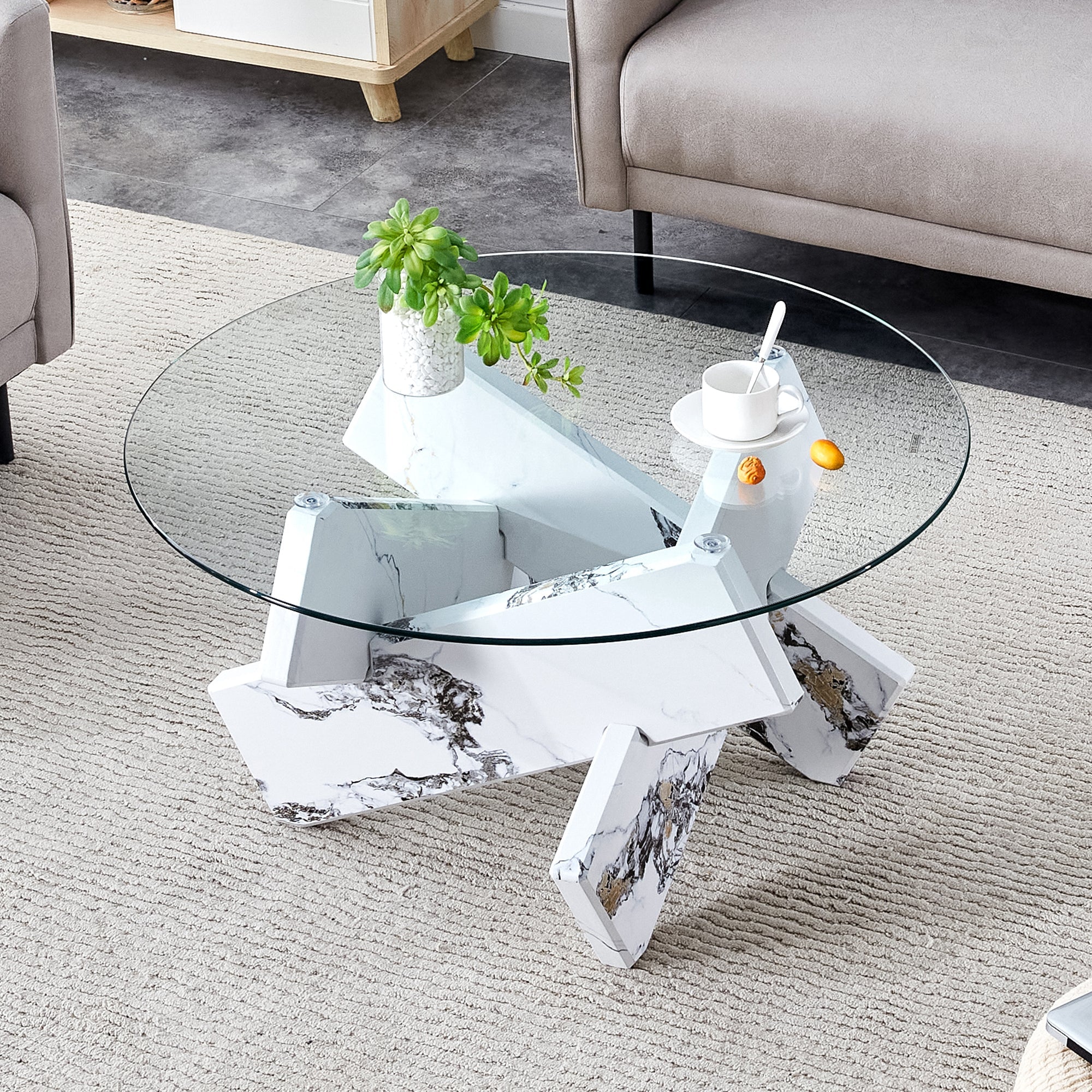 Modern Round Glass Coffee Table – 33.4" Tempered Glass Top with MDF