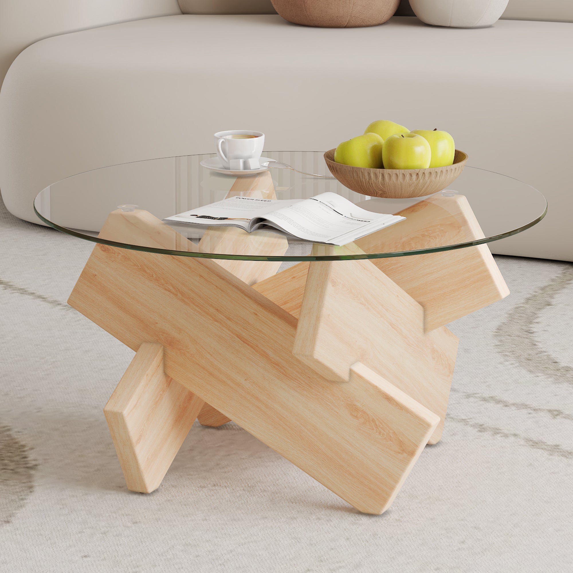 Modern Round Glass Coffee Table – 33.4" Tempered Glass Top with MDF