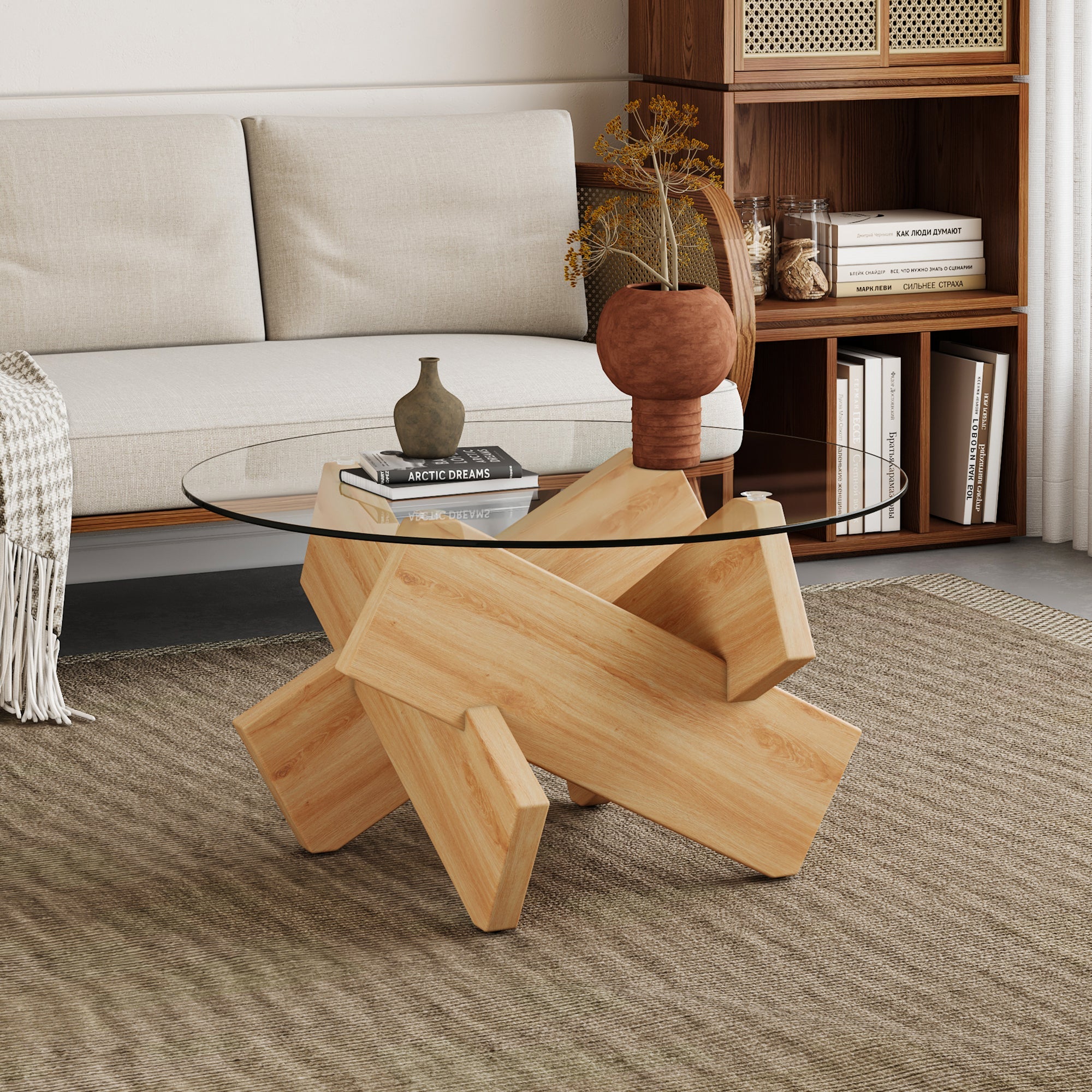 Modern Round Glass Coffee Table – 33.4" Tempered Glass Top with MDF
