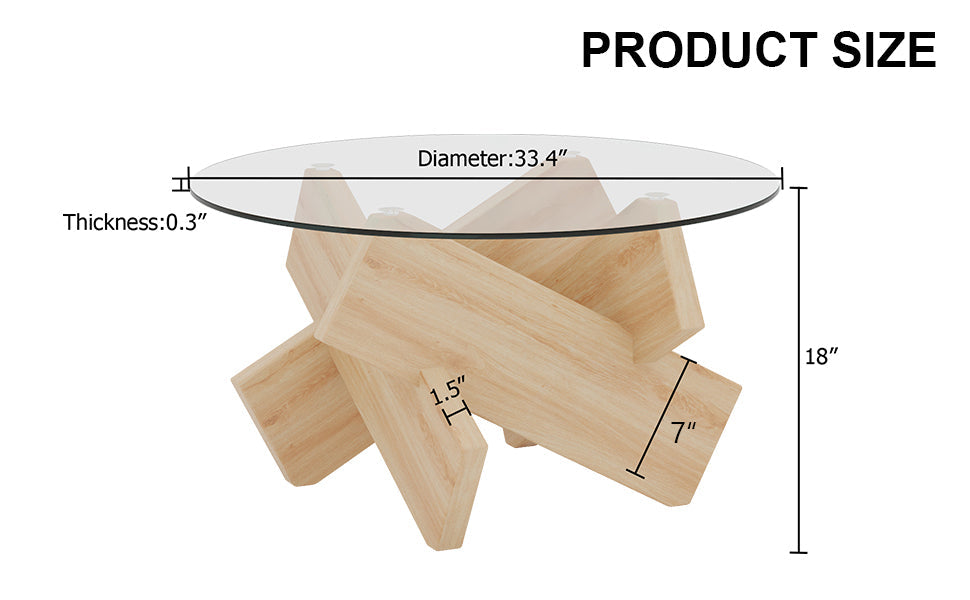 Modern Round Glass Coffee Table – 33.4" Tempered Glass Top with MDF