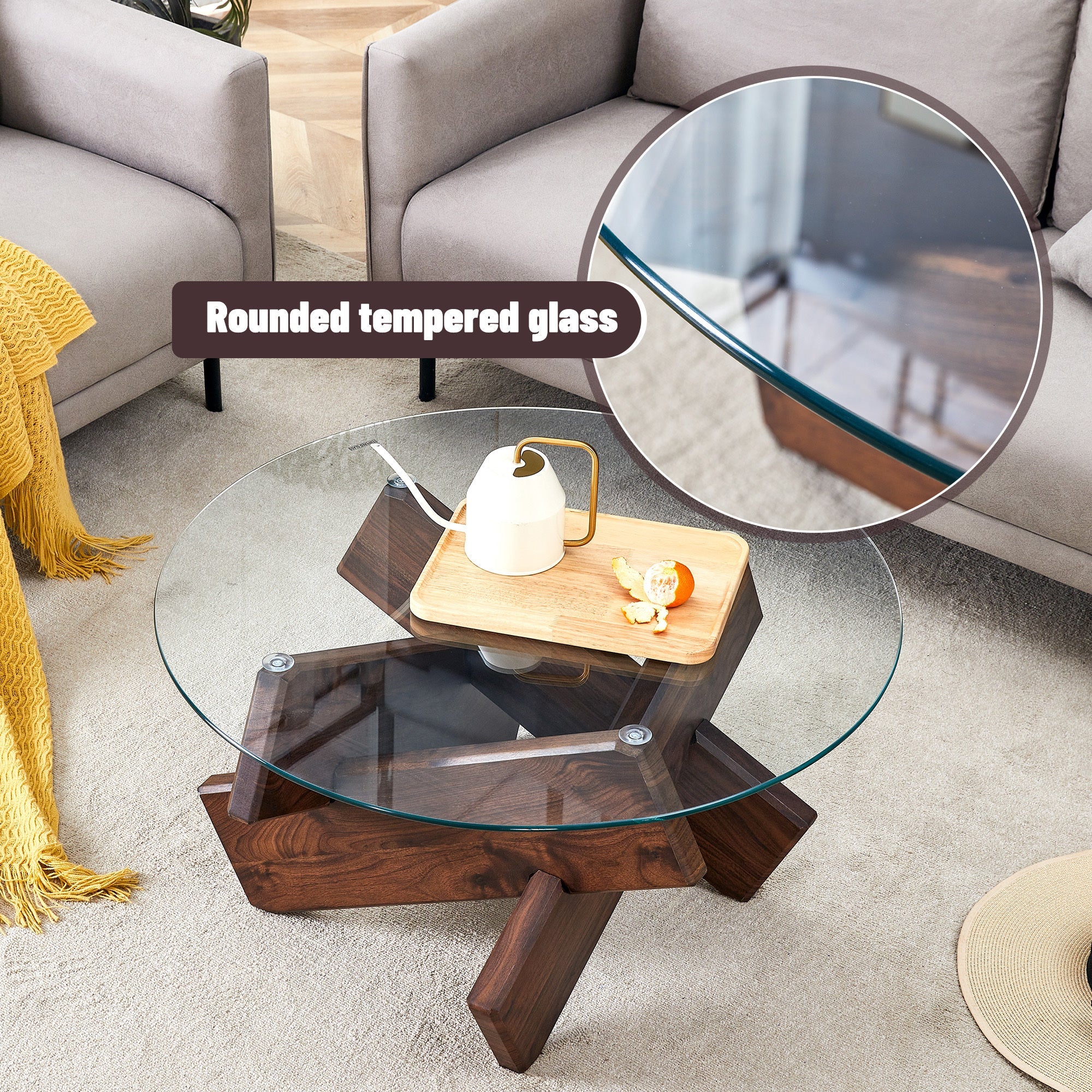 Modern Round Glass Coffee Table – 33.4" Tempered Glass Top with MDF