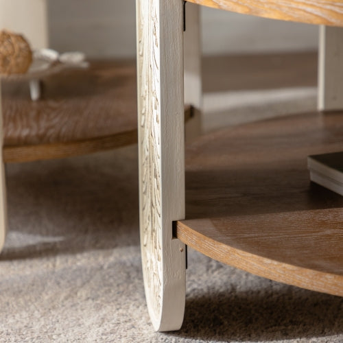 Carved Wooden Coffee Table, Retro End Table With Double-Layer Storage,