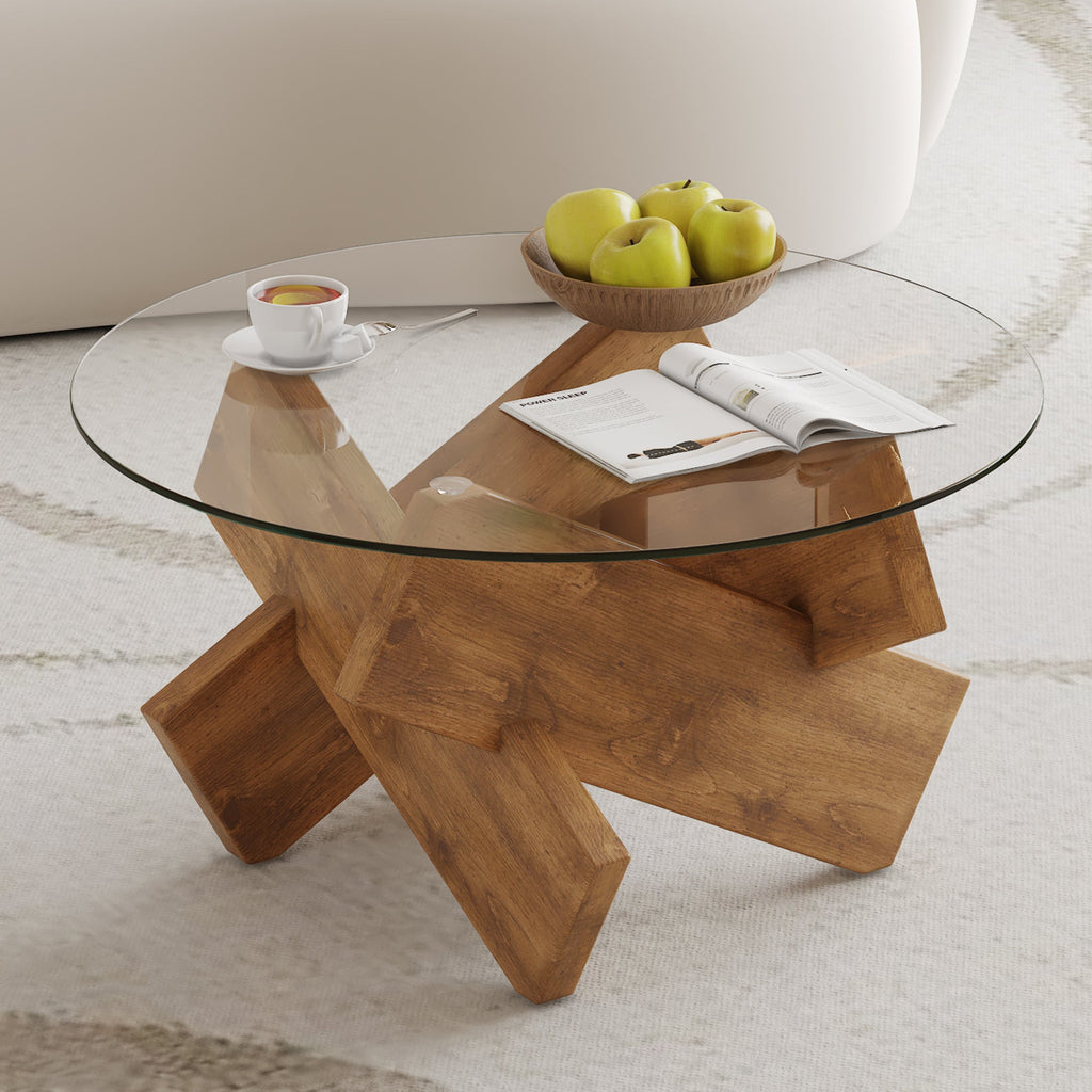 Modern Round Glass Coffee Table – 33.4" Tempered Glass Top with MDF