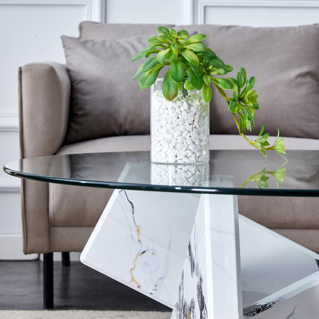 Modern Round Glass Coffee Table – 33.4" Tempered Glass Top with MDF